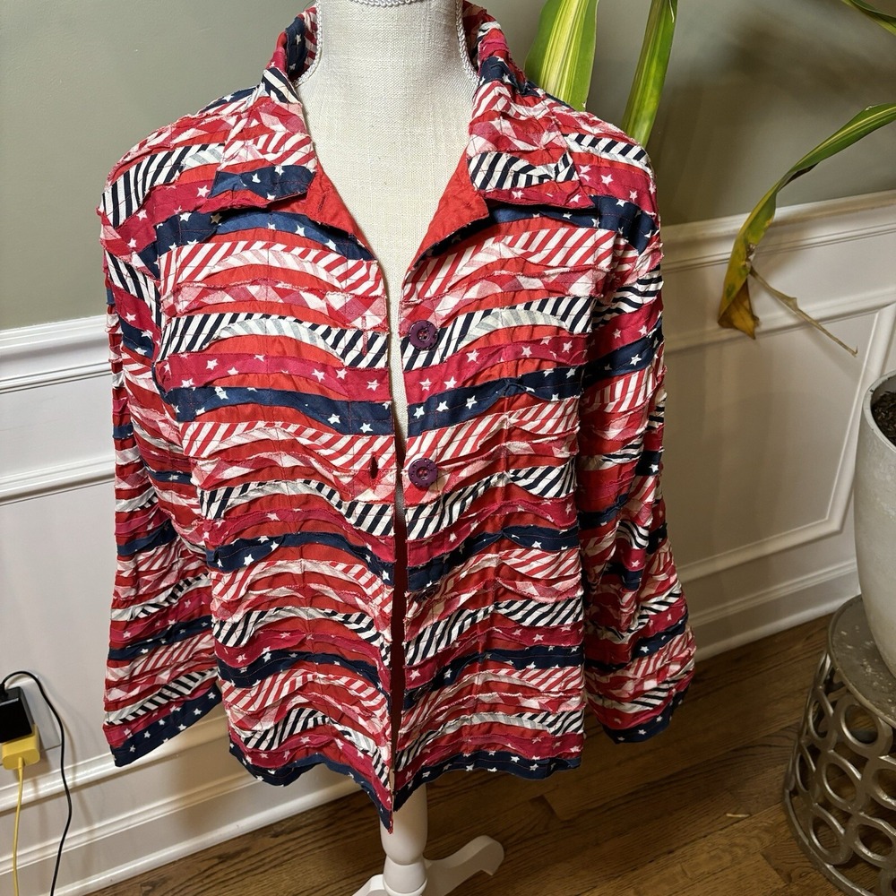 Americana Patriotic Flag Ribbon Tiered Jacket Red White Blue Stars Stripes L